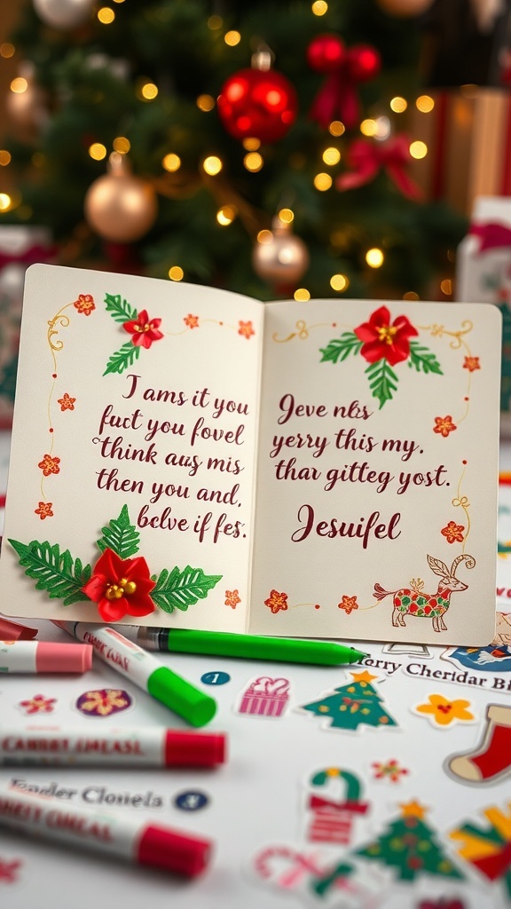 A handmade Christmas card with festive decorations and a heartfelt message, surrounded by crafting materials.
